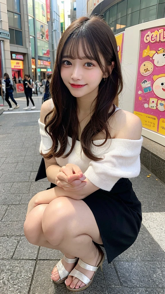 High resolution, Highest quality, Perfect dynamic composition, Beautiful attention to detail, Off the shoulder、Shiny Hair、Medium Hair, Natural color lip, university student、Harajuku、smile、Crouching、M-shaped feet