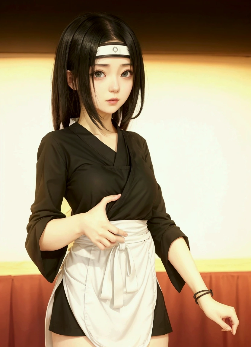 anime girl in a black shirt and white apron holding a white plate, hinata hyuga, fubuki, tanjiro kamado, yuyushiki, inspired by Josetsu, kunoichi, inspired by Maki Haku, by Shingei, made with anime painter studio, hinata hyuga from naruto, female protagonist 👀 :8