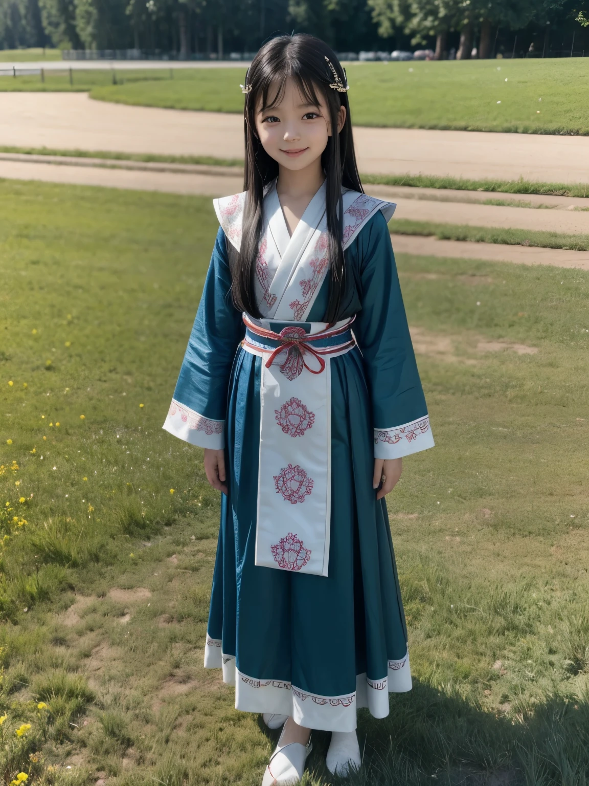 Masterpiece, hd, Japanese girl, (8 girl) (Turkey traditional dress:1.2) (slender body) (thin body), (black hair) (black eyes) (white skin) happy and confident expression. full body, ((location : meadow)), wearing turkic traditional dress, Turkey, Kazakh, blue dress, hair ornaments, traditional hair ornaments, long hair, short girl, long straight hair, thin legs, flat chest, flat breasts. (child pl) (happy, smile, cheerful)