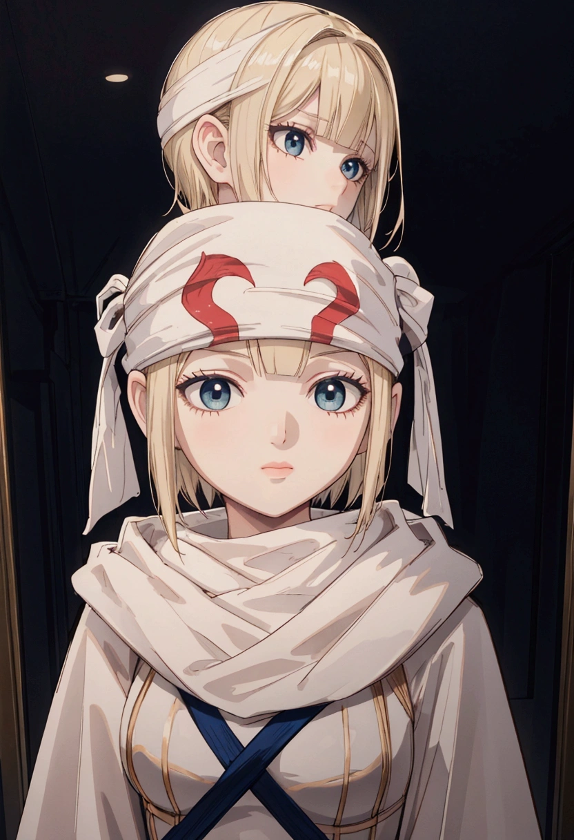 masterpiece), best quality, high resolution blonde 1girl bob cut medium hair standing alone cowl headband profile image looking at viewer beautiful eyes beautiful face extremely detailed