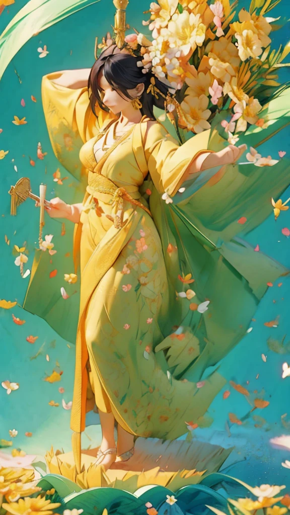 Thao Wessuwan, a handsome, muscular giant, holds a baton, the sky, nature, falling flower petals, wild animals.