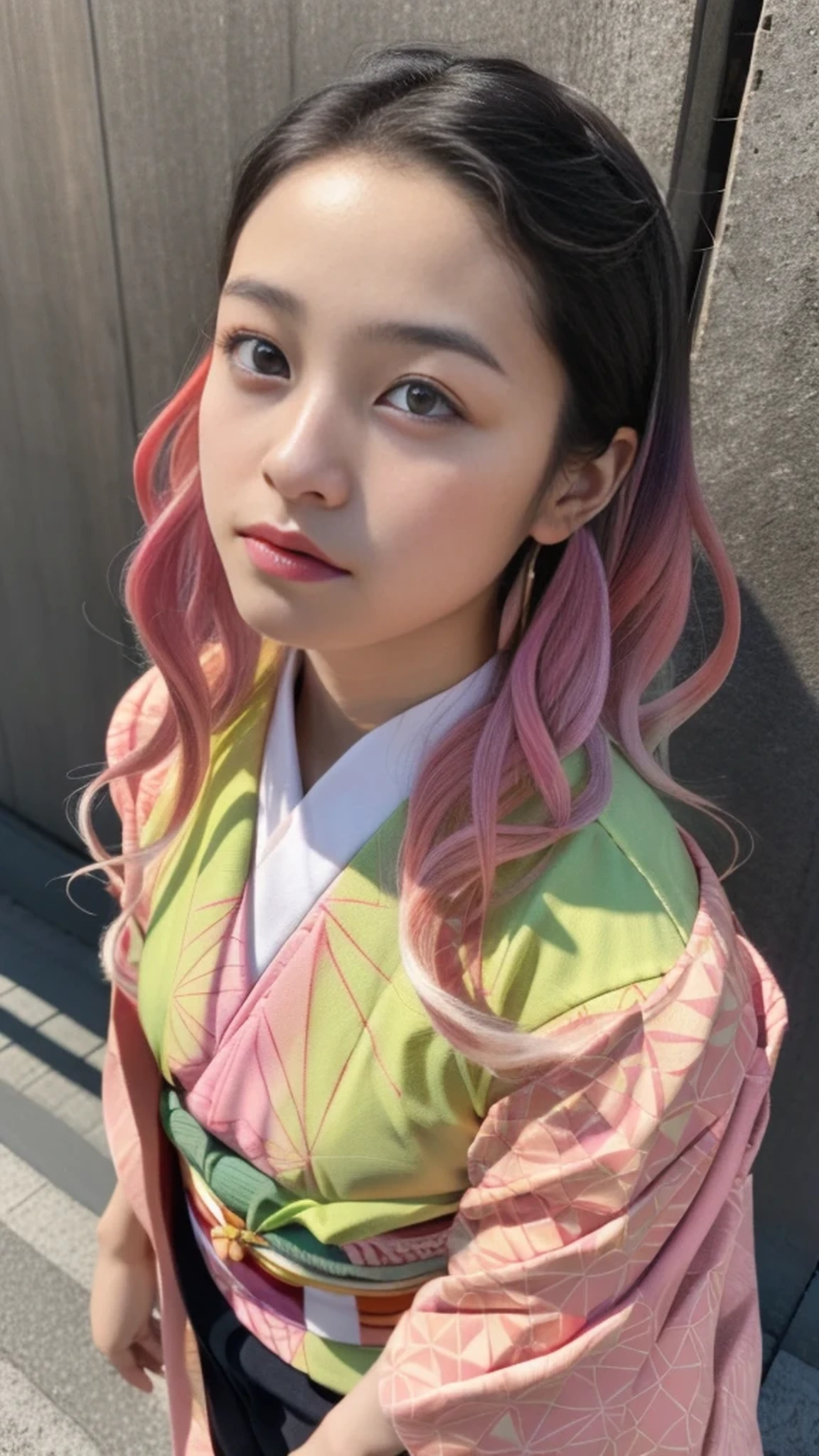 Cute Japanese woman, (), (Very cute face: 1.3), White moist skin, Looking at the camera, Melancholy expression,
BREAK,
Idol,
BREAK,
(Wearing cute kimono: 1.3), (Highly revealing kimono), Very large earrings, Short length,
BREAK,
(Fighting pose: 1.3),
BREAK,
(Long hair), (Pink hair: 1.2), (Wavy hair), (Gradient hair: 1.3), (Red hair at the ends),
BREAK,
(Realistic: 1.3), Masterpiece, Perfect lighting, (Ultra-high resolution), (8K), (Very detailed: 1.4), (From the front), (Full body: 1.3), (Symmetrical: 1.2),
BREAK,
(Japanese city streets: 1.2),
BREAK,
(Demon Slayer: 1.4),
BREAK,
(Hirose Suzu: 1.2),