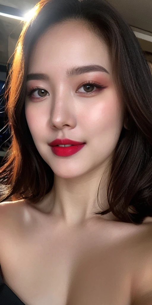 instagram photo, closeup face photo of 23 y.o nude, Red Lipstick, sensual Lipstick, Sensational Make Up, cleavage, pale skin, (smile:0.4), hard shadows, Red G-STRING, bright lighting 