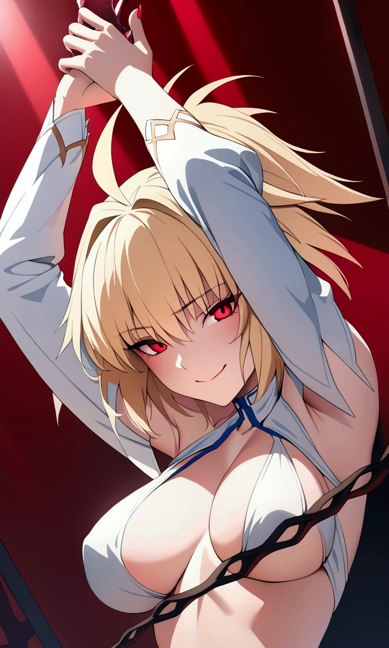 1girl, arcueid brunestud, blonde hair, red eyes, evil smile, breasts, blood, detailed facial features, detailed body, dramatic lighting, dark fantasy, cinematic, photorealistic, hyper detailed, 8k, masterpiece
