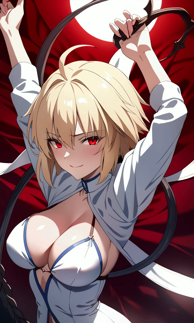 1girl, arcueid brunestud, blonde hair, red eyes, evil smile, breasts, blood, detailed facial features, detailed body, dramatic lighting, dark fantasy, cinematic, photorealistic, hyper detailed, 8k, masterpiece