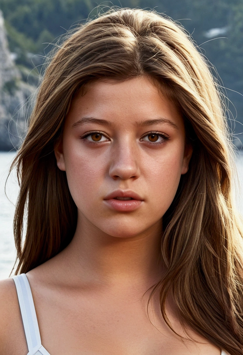 A photorealistic FHD portrait of a 21-year-old fit girl like adele Exarchopoulos with long, flowing brown hair and striking brown eyes. She should have a natural, approchable expression. She is sexy with big boubs and cameltoe