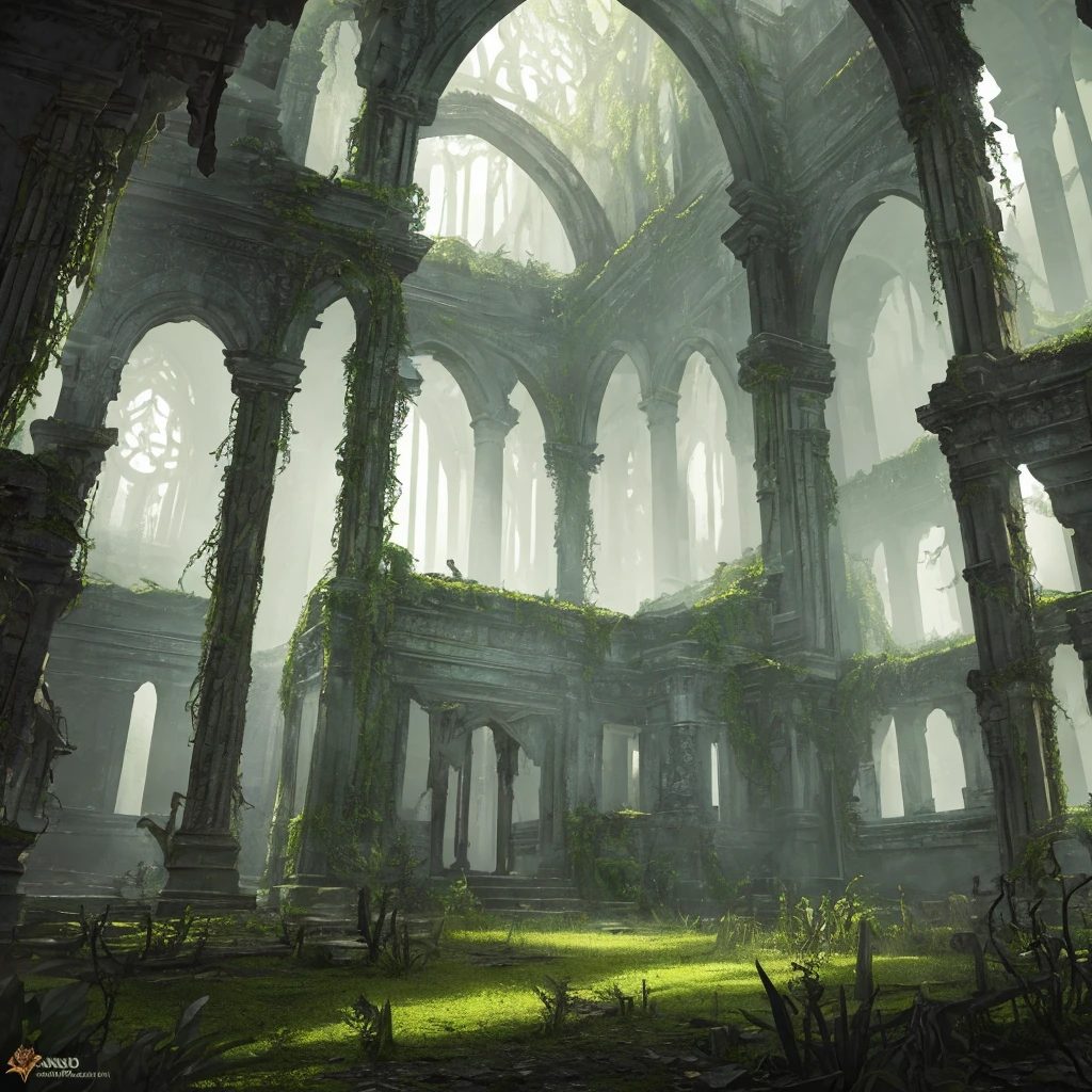 fantasy abandoned temple of the god, ancient decaying temple, intricate ornate architecture, overgrown vines and moss, eerie atmosphere, dramatic lighting, cinematic composition, mystical energy, detailed textures, rich colors, dramatic shadows, serene beauty, photorealistic, 8k, best quality, masterpiece