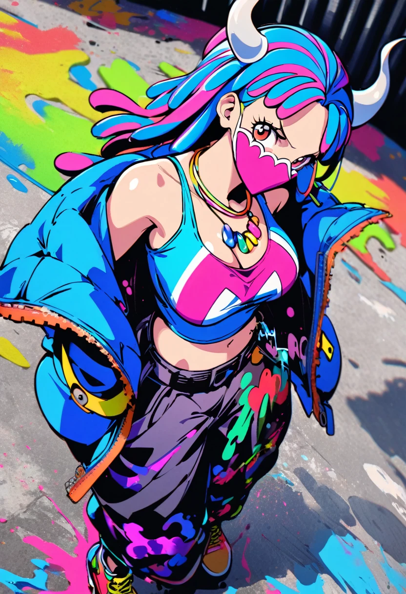 1girl, Ulti (One Piece), graffiti style, saturated colors, urban background, dual horns, pink mask, spray paint texture, graffiti-inspired outfit, neon blue crop top, baggy pants with graffiti patterns, oversized jacket covered in colorful tags, string tie reimagined as spray paint necklace, vibrant hair with paint splatter effect, blending with colorful graffiti wall, dynamic pose,emphasize breast,angle from above, street art atmosphere, masterpiece, best quality, absurdres
