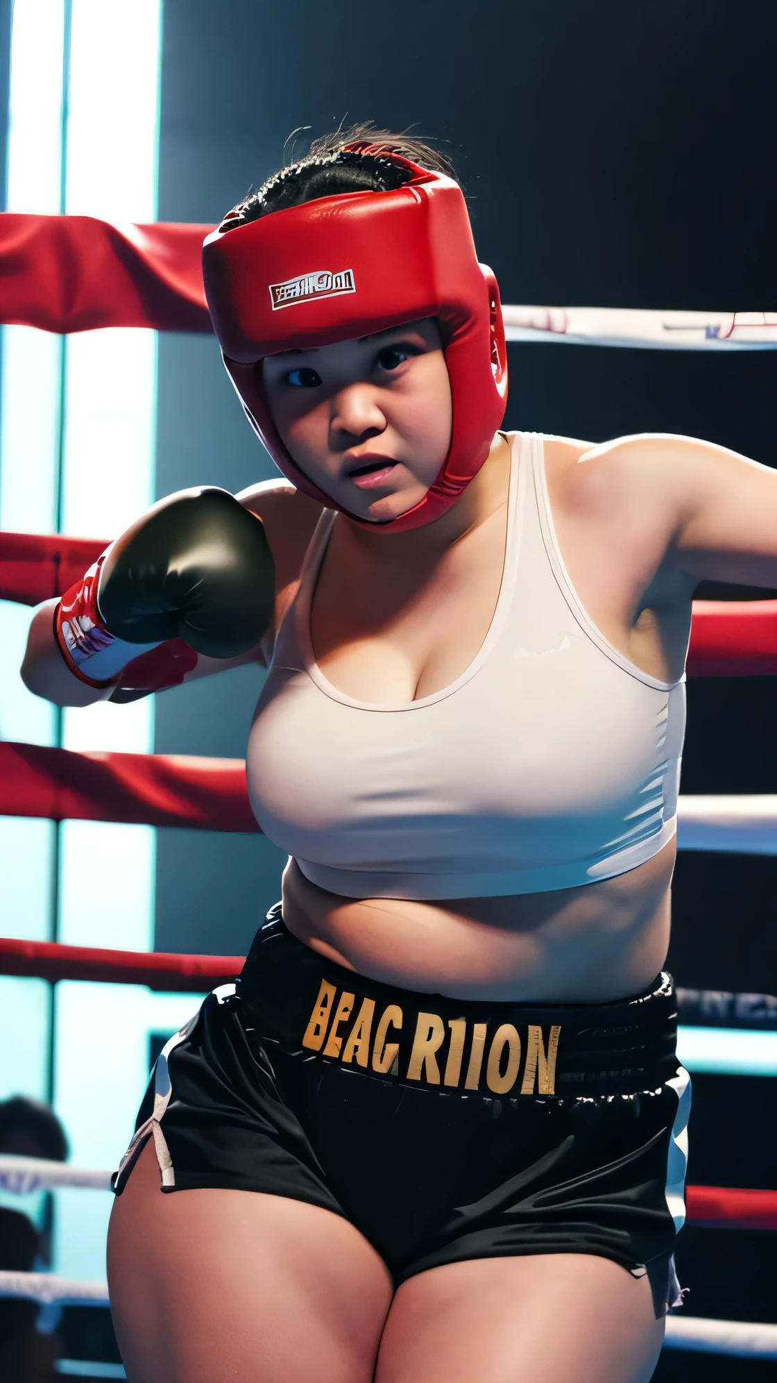 ((8K)), highest quality, 超High resolution, (Surreal)、(High resolution), 1 girl, Overweight, ((Extremely fat)), ((Chubby)), (boxer)), ((boxing)), on the ring, Japanese