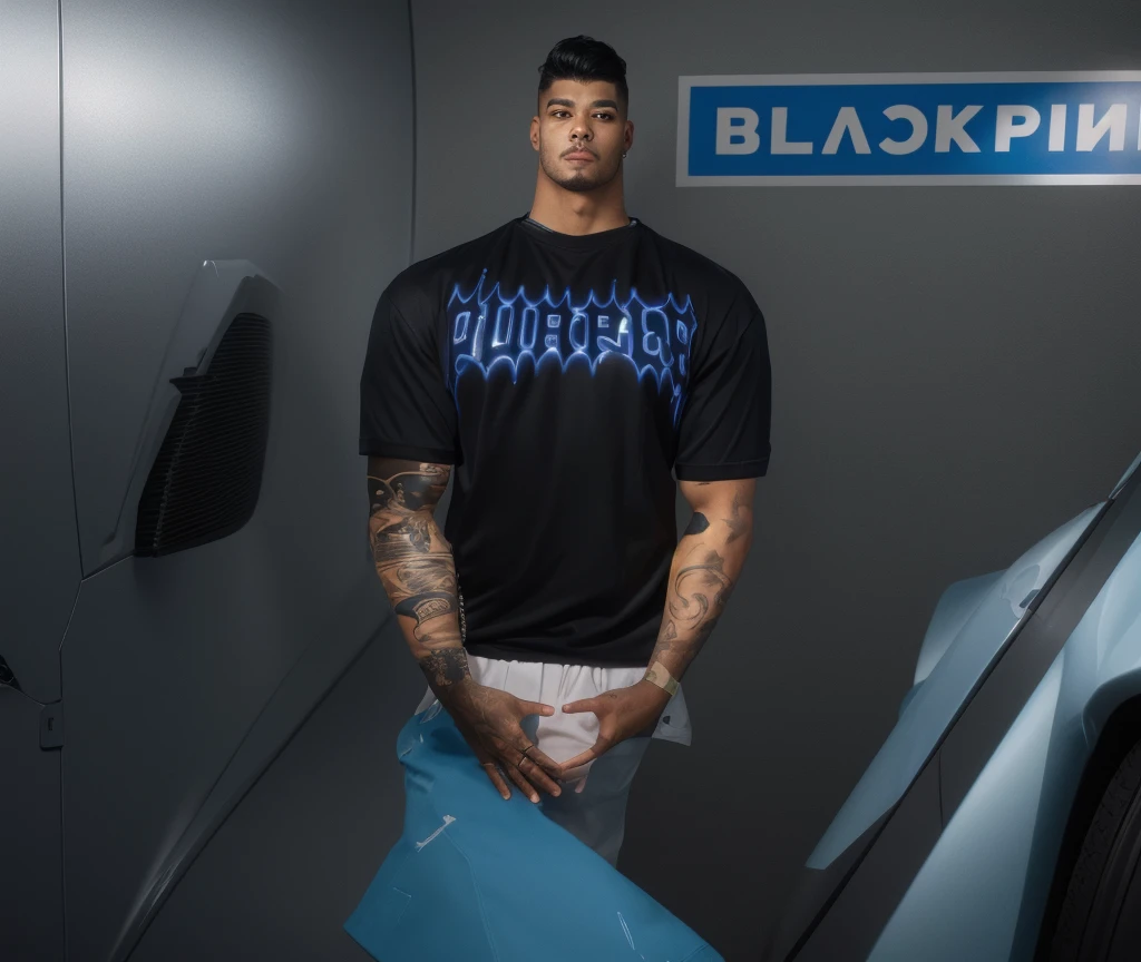 there is a man standing next to a car, inspirado em Ralph Burke Tyree, wearing a tight blue blouse, man strong, bolo pose, inspired by Randy Vargas, inspired by Ludovit Fulla, he is wearing a t-shirt, (beautiful eyes detailed best quality), (detailed realistic face), (realistic beautiful black hair), (high detailed realistic black hair), (detailed black eyes)