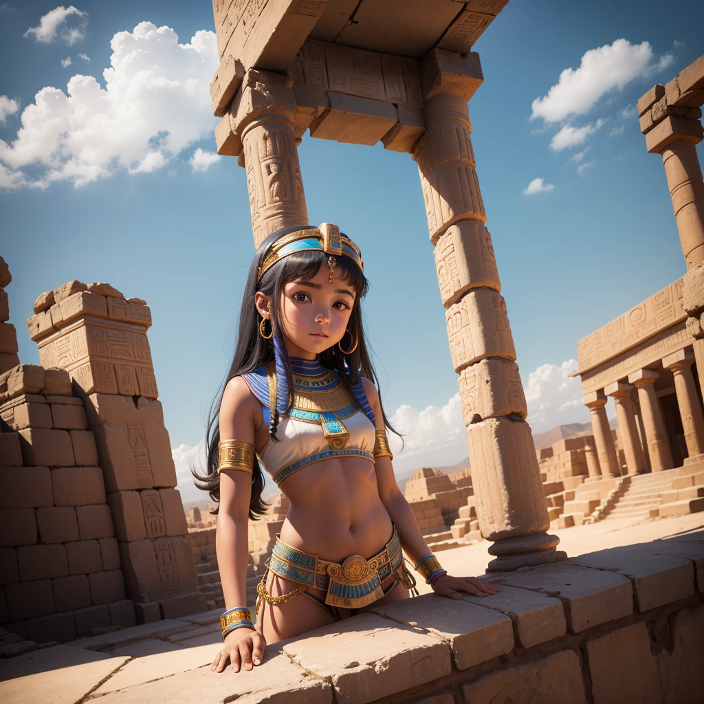 Cute Ancient Egyptian 8 year old girl、A hill overlooking the colorful temples of ancient Egypt、A colorful view of the whole city、whole body、Low - Angle