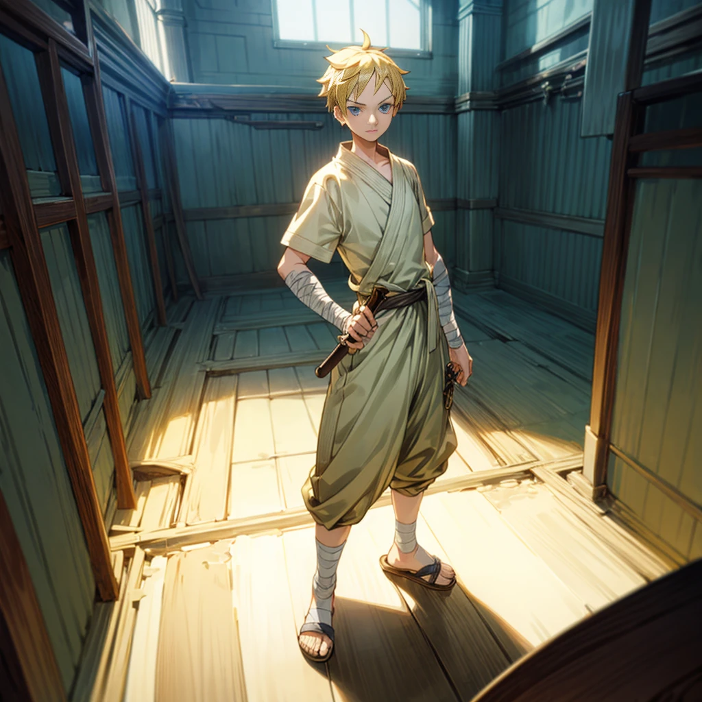 1boy, Full body version, 1character, blue eyes, short haircut, blonde color hair, bandage on head, casual style outfit, sandals, Grassroots, full background indoor building, motion blur, (one piece style art), knife in hand, standing gesture 