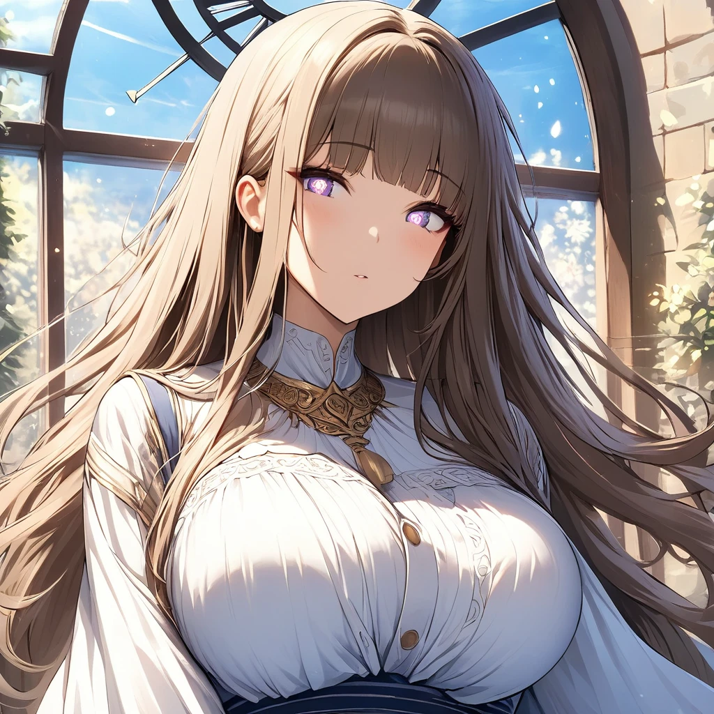 Masterpiece, Very detailed, Ultra-detailed, One female goddess, beautiful woman, Beautiful woman - pleasant skin, Long hair and bangs on the sides, bright clock eyes and women's Greek clothes, busty, lush and soft body, flow of time, prison of time.