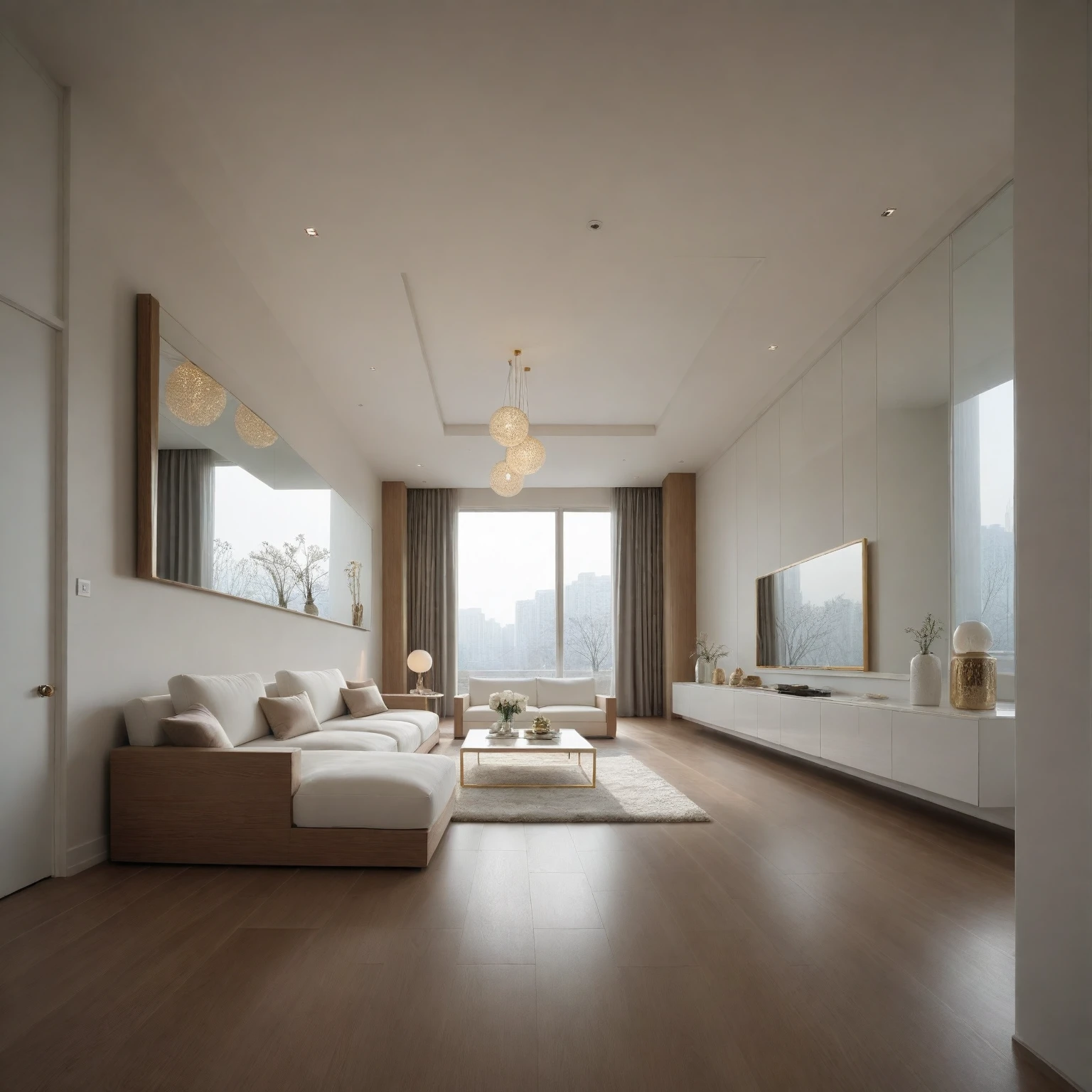 ,Masterpiece, Best quality,8K, Ultra-high resolution,When you step into the (living room : 1.1) ,Immediately surrounded by a rich atmosphere of luxury. The space was covered with a soft white fluffy blanket,It is so comfortable,So much so that you can't help but indulge in it。Embellished with precious porcelain and white-off gold ornaments。Whenever it is late afternoon,The afterglow from the window spilled on the floor,Soft light and shadow are reflected,It was as if entering a dreamland. ((Wooden chair and table : 1.3)), ((COLUMN MIRROR : 1.3))