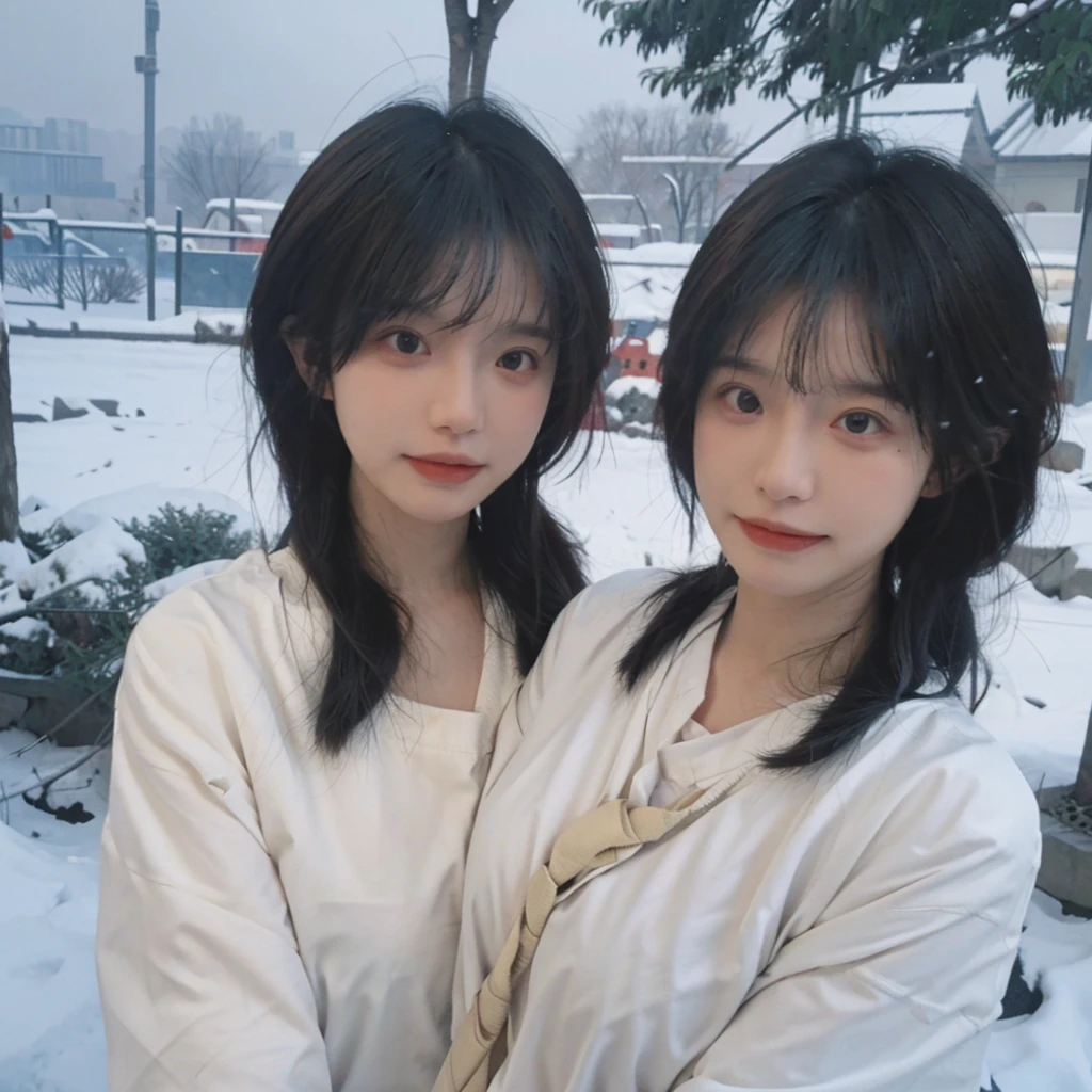 Best quality,masterpiece,Double tail,Ultra-high resolution,snow,16K,Snow background,(Photo Realism:1.4),1 Girl,JK,sexly,(shirt and tie:1.2),(Big breasts:2.3),(Upper body:1.4)