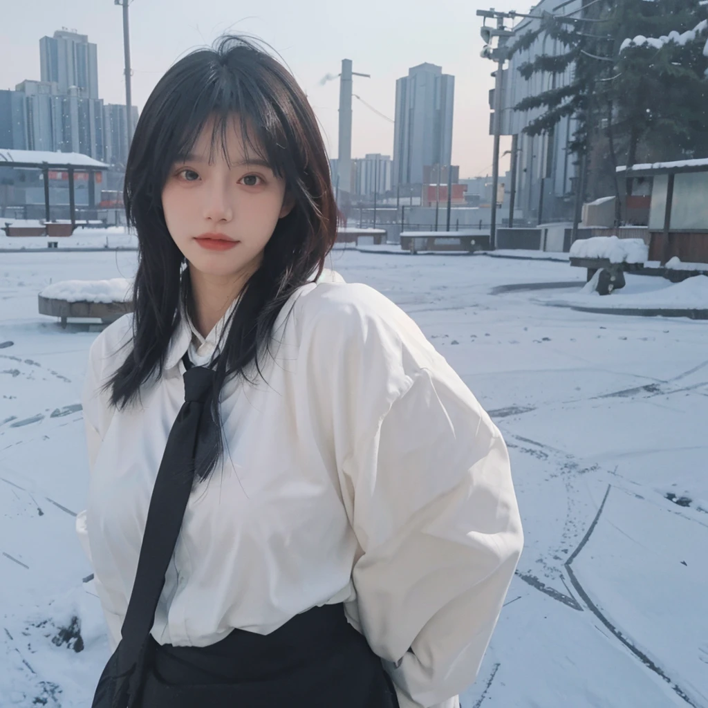 Best quality,masterpiece,Double tail,Ultra-high resolution,snow,16K,Snow background,(Photo Realism:1.4),1 Girl,JK,sexly,(shirt and tie:1.2),(Big breasts:2.3),(Upper body:1.4)
