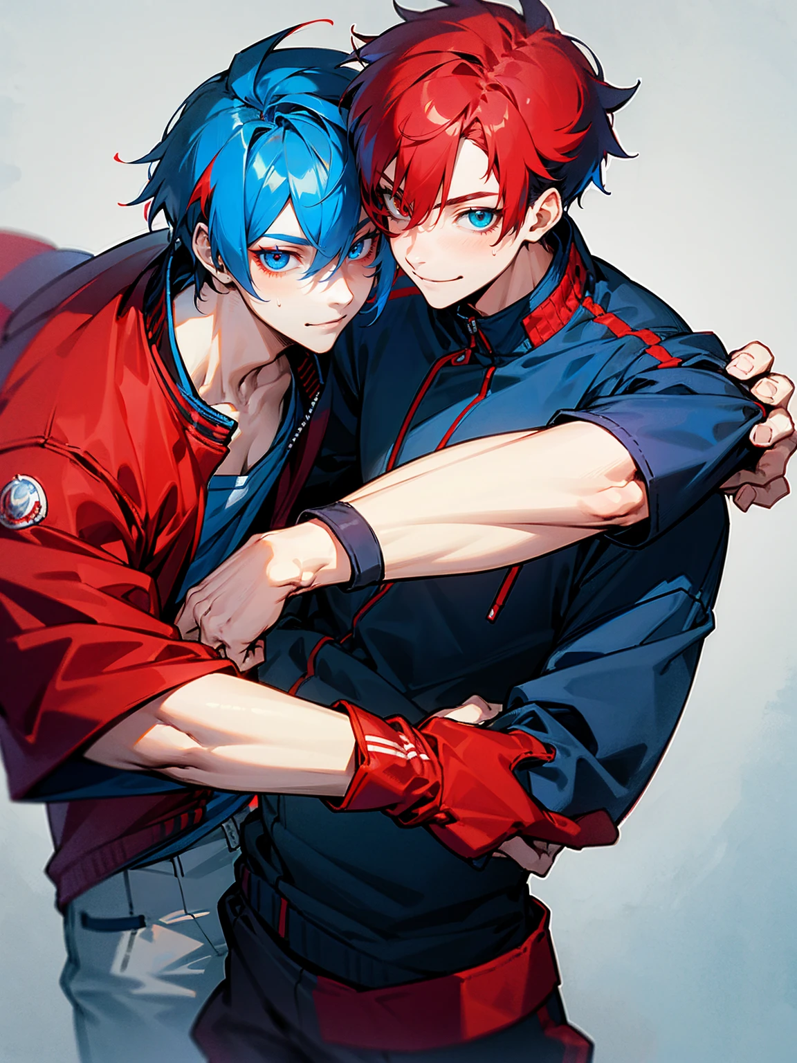 1male, adult, red and blue hair, two toned hair, red and blue varsity jacket, black sweatpants, heterochromia, red eye, blue eye, smile, lean build