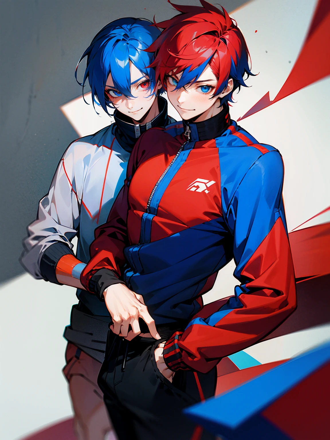 1male, adult, red and blue hair, two toned hair, red and blue varsity jacket, black sweatpants, heterochromia, red eye, blue eye, smile, lean build