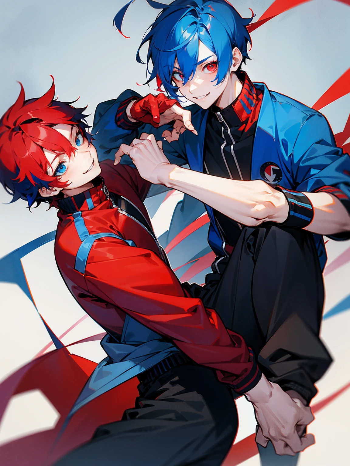 1male, adult, red and blue hair, two toned hair, red and blue varsity jacket, black sweatpants, heterochromia, red eye, blue eye, smile, lean build