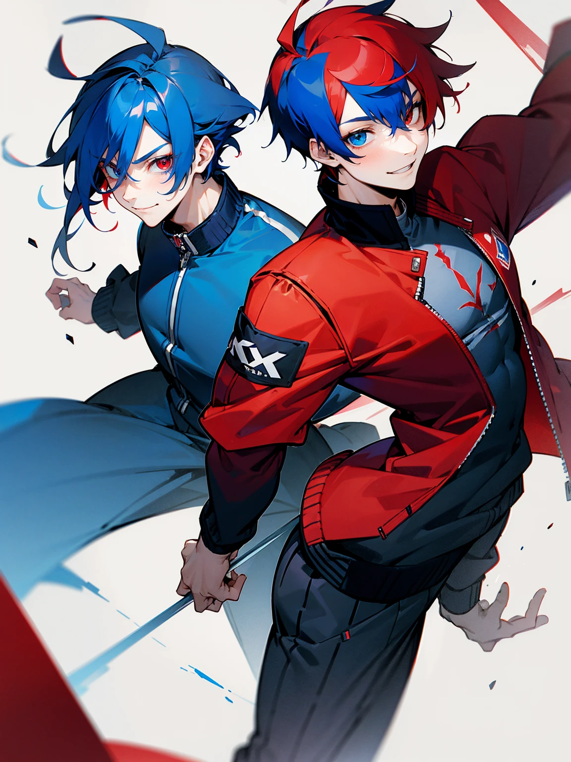 1male, adult, red and blue hair, two toned hair, red and blue varsity jacket, black sweatpants, heterochromia, red eye, blue eye, smile, lean build