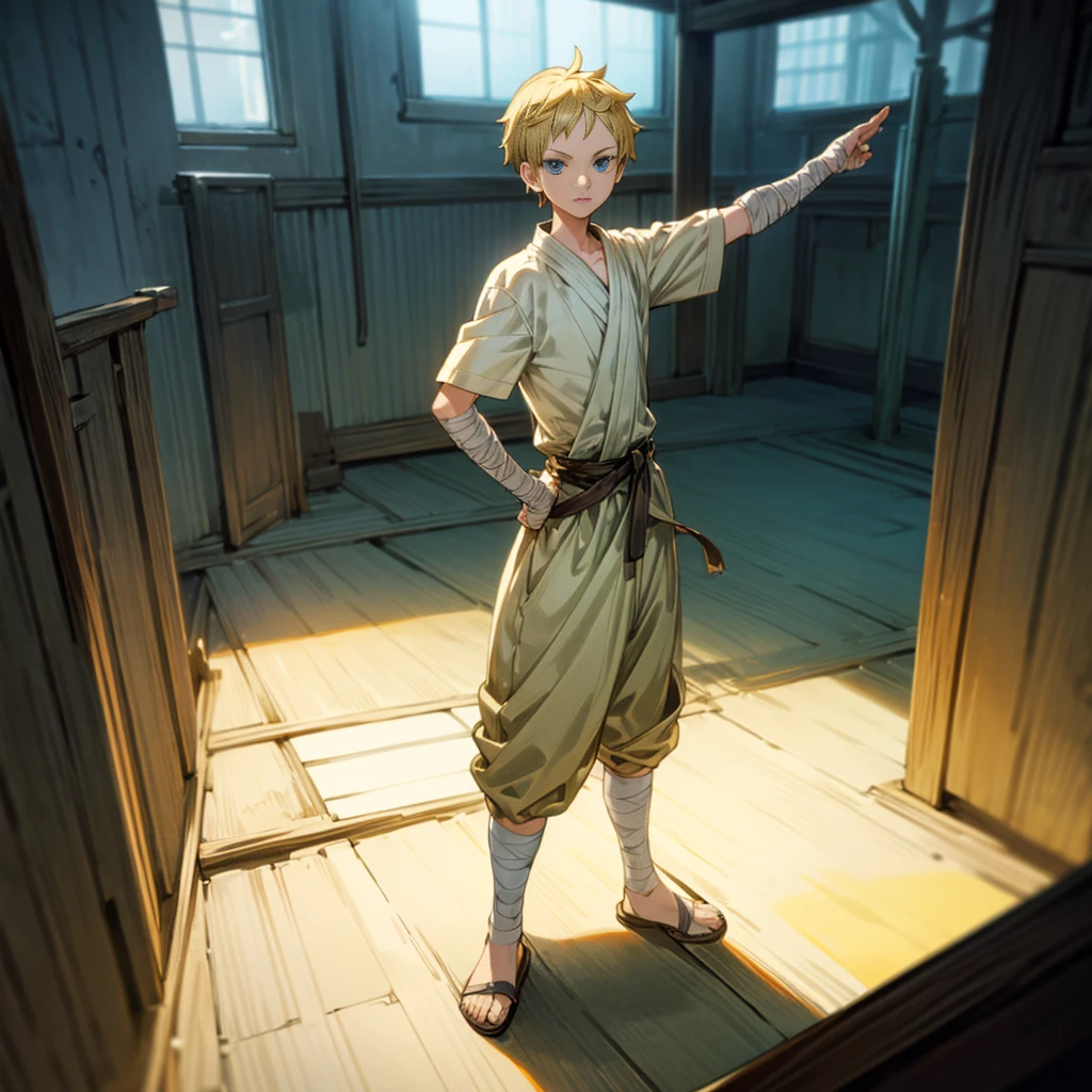 1boy, Full body version, 1character, blue eyes, short haircut, blonde color hair, bandage on head, casual style outfit, sandals, Grassroots, full background indoor building, motion blur, (one piece style art), knife in hand, standing gesture