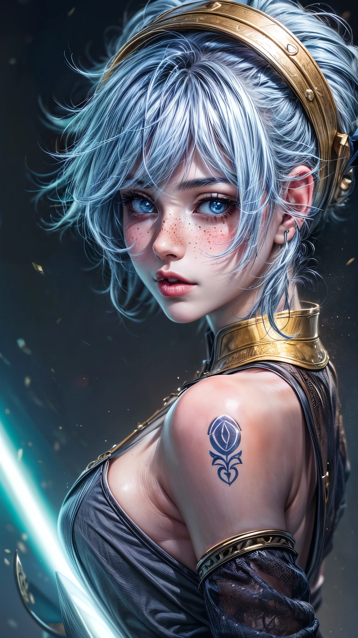 a gorgeous girl with short light blue hair, a perfect face with bright eyes, one bright yellow eye and one light blue eye, light freckles, in an anime style, with a small nose ring and piercing, wearing a sensual outfit with loose and dark clothing, holding a reamist lightsaber in a dynamic pose, (best quality,4k,8k,highres,masterpiece:1.2),ultra-detailed,(realistic,photorealistic,photo-realistic:1.37),dynamic point of view