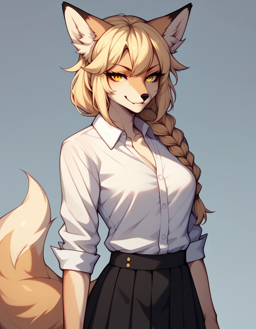 Solo, score_9, score_8_up, score_7_up, score_6_up, score_5_up, score_4_up, kemono style, Anthro, a cute yellow furry fox girl, Kimiko, blonde braided hair, yellow eyes, yellow furry body, fox ears and tail, standing, wearing white dress shirt, black skirt, smirking, upper body shot