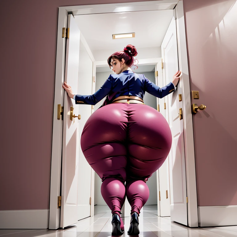 masterpiece, 1girl behind a doorway, from behind, (doorstuck, stuckbehind:1.3), huge hips, round belly, thick thighs, giant butt,colorful clothing, wearing a maroon red suit and tie and formal pants, upset, desperately trying to wiggle through, she tries to free herself but she won't budge, she is stuck tight view from behind, she is too wide, the doorway is quite narrow too, she kicks her legs furiously, trying to wiggle her hips through the small door, but its no good, the door is too small, she keeps trying to squeeze through with frustration