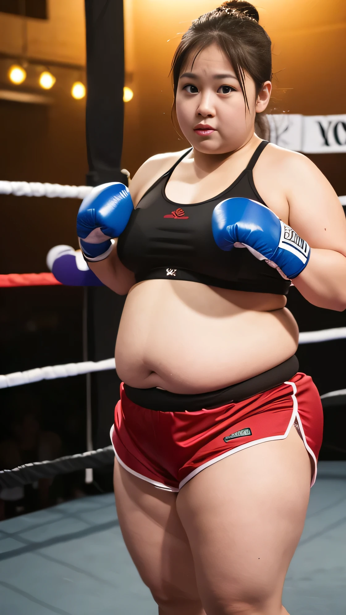 ((8K)), highest quality, 超High resolution, (High resolution), 1 girl, Overweight, ((Extremely fat)), ((Chubby)), (boxer)), ((boxing)),boxer shorts, on the ring, Japanese