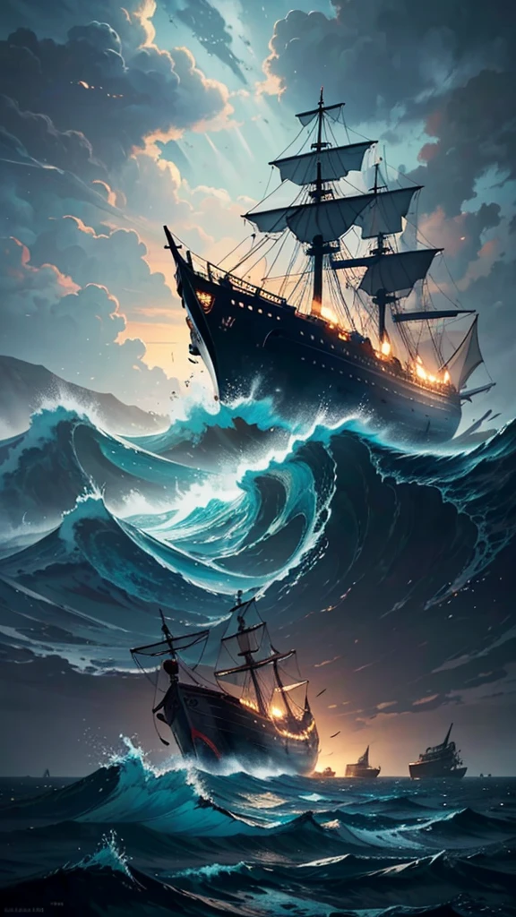 a ancient ship middle an ocean, destroyed and capsized. Some people fall from the ship.The sky is so dark and storm everywhere. Big rain wheater. The ocean waves so big.