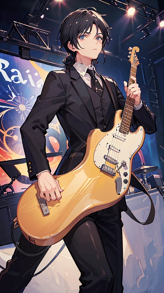 (Highest quality)), ((masterpiece)), (detailed),The background is the live stage、I have a guitar in my hand、Singer-songwriter、A man around 35 years old、A man with waist-length black hair tied back、Wearing a black suit,Eye color is a calm blue、Location: Big hall stage。