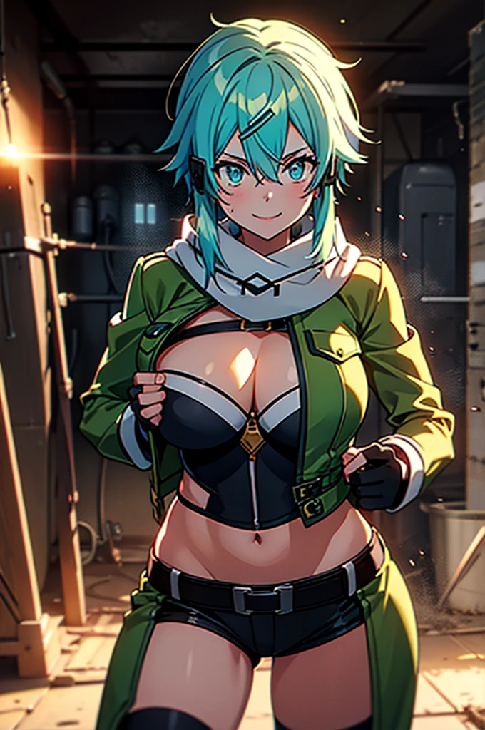 at a dungeon, dark dungeon, prison cell, sinon1, scarf, fingerless gloves, long sleeves, short shorts, hair ornament, hairclip, green thighhighs, green jacket, thigh strap, teasing face, undressing, hot, sweat, looking at viewer, light smile,massive breast,facing pov,slim waist,huge hips,posing,massive cleavage,breast almost overflow,taking to you,showing body off