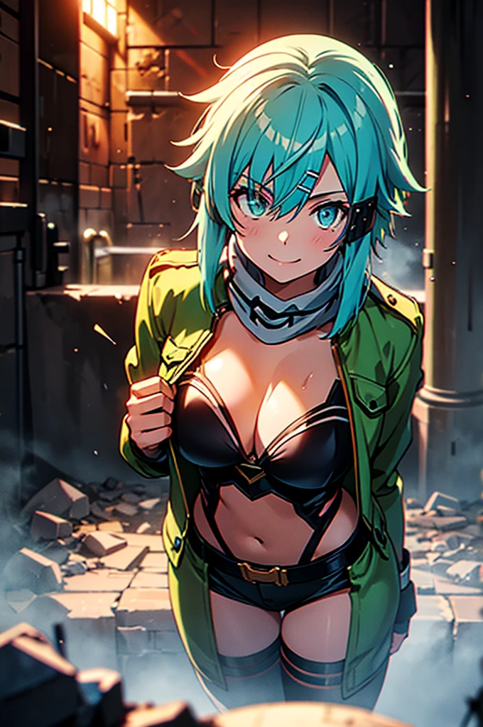 at a dungeon, dark dungeon, prison cell, sinon1, scarf, fingerless gloves, long sleeves, short shorts, hair ornament, hairclip, green thighhighs, green jacket, thigh strap, teasing face, undressing, hot, sweat, looking at viewer, light smile,massive breast,facing pov,slim waist,huge hips,posing,massive cleavage,breast almost overflow,taking to you,showing body off