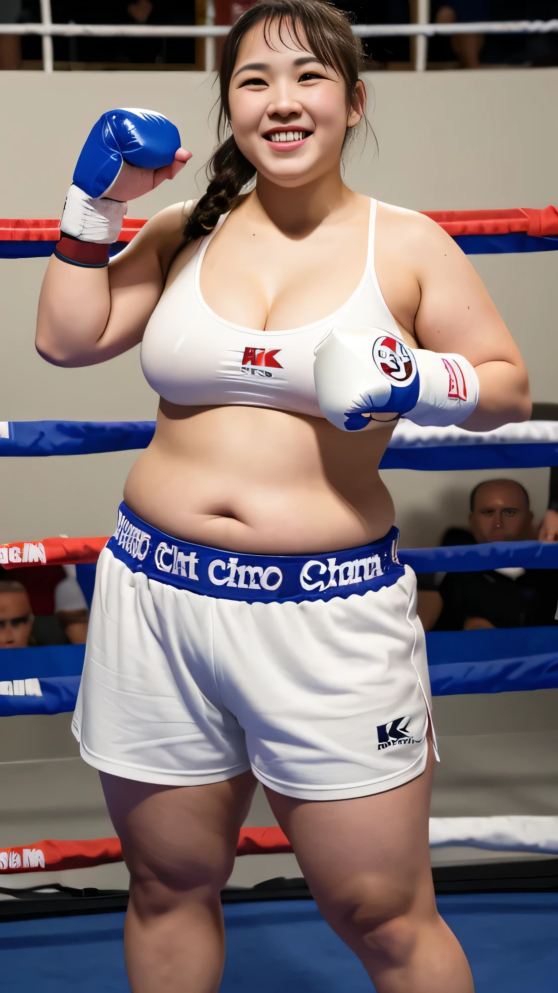 ((8K)), highest quality, 超High resolution, (High resolution), 1 girl, Overweight, ((Extremely fat)), ((Chubby)), (boxer)), ((boxing)),boxer shorts, on the ring, Japanese, ((Chuckle-Smile)), Championship Belt