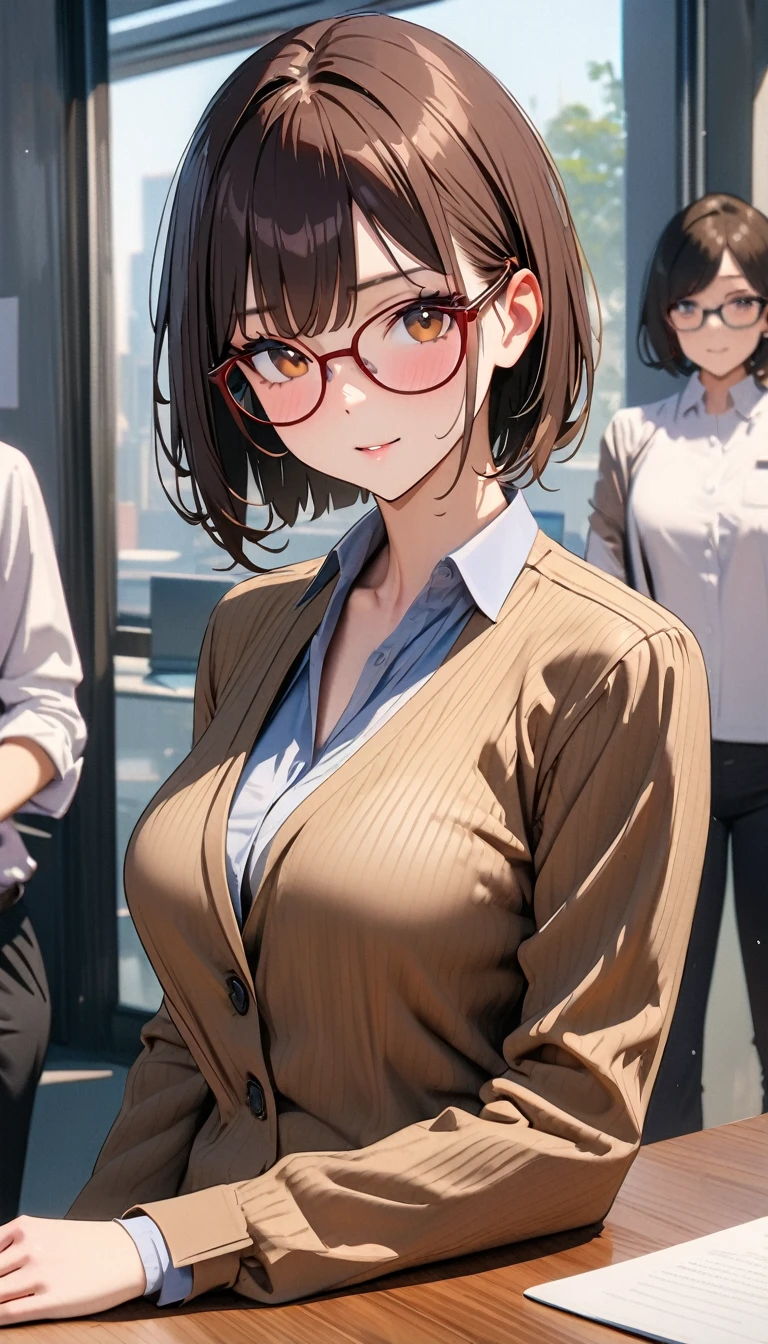 (30 years old),modern, Verism, masterpiece, textured skin, super detail, best quality, 4K, Woman wearing glasses,Dark brown short bob,Clothing of office workers,Company reception