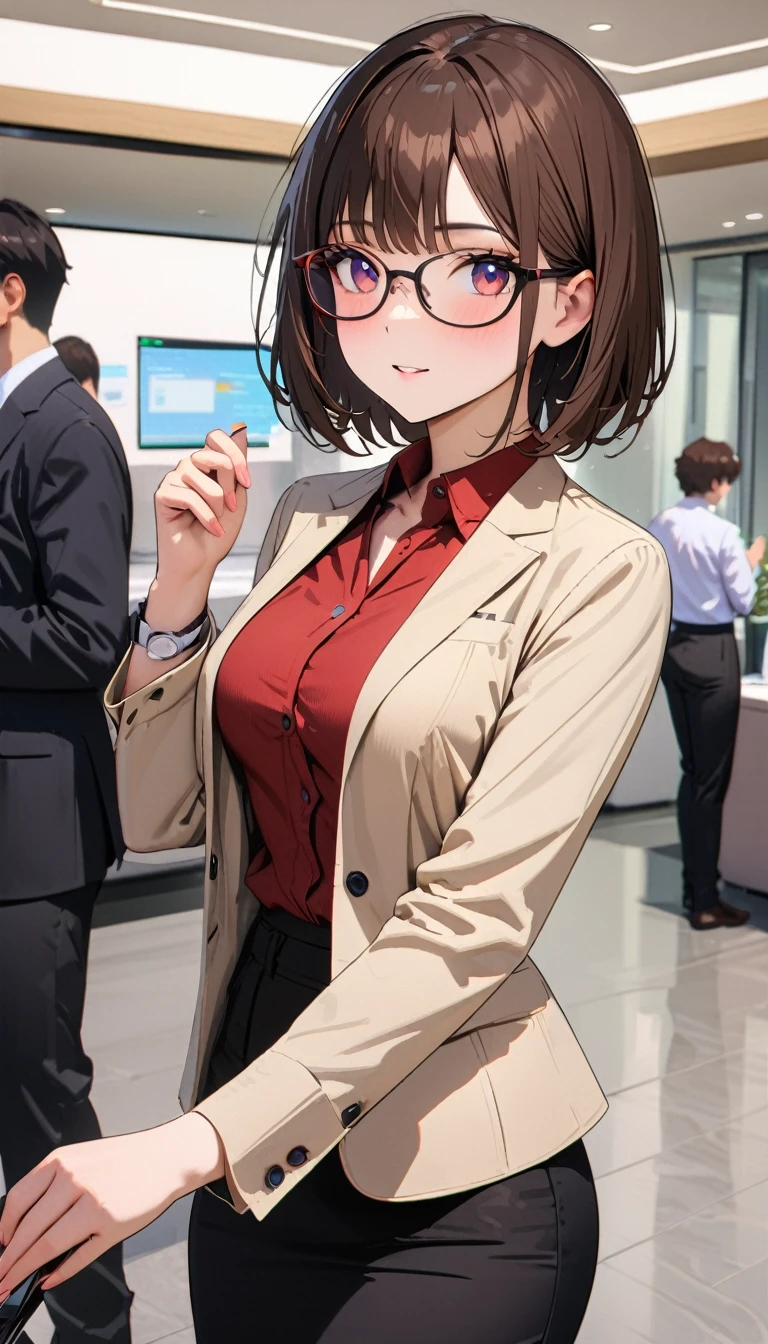 (30 years old),modern, Verism, masterpiece, textured skin, super detail, best quality, 4K, Woman wearing glasses,Dark brown short bob,Clothing of office workers,Company reception