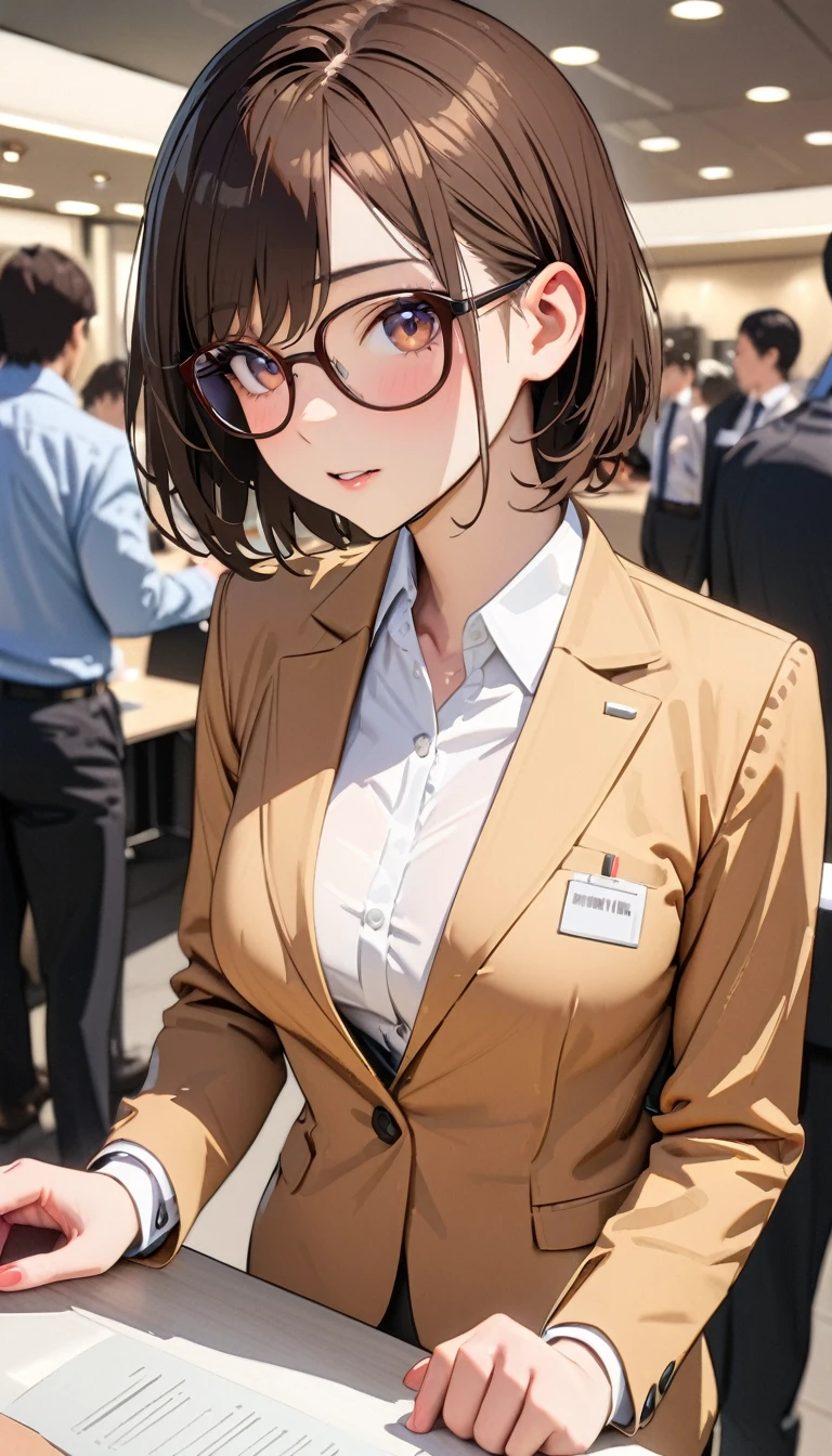 (30 years old),modern, Verism, masterpiece, textured skin, super detail, best quality, 4K, Woman wearing glasses,Dark brown short bob,Clothing of office workers,Company reception