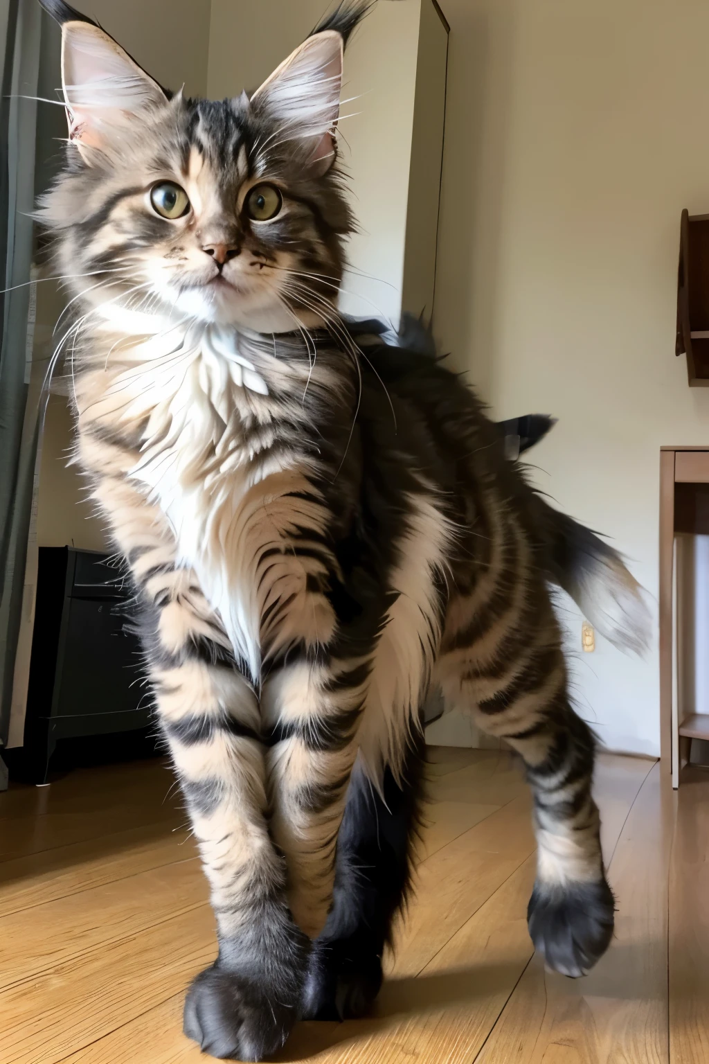 Maine Coon kitten standing up、Deformed image with front legs stretched in the air