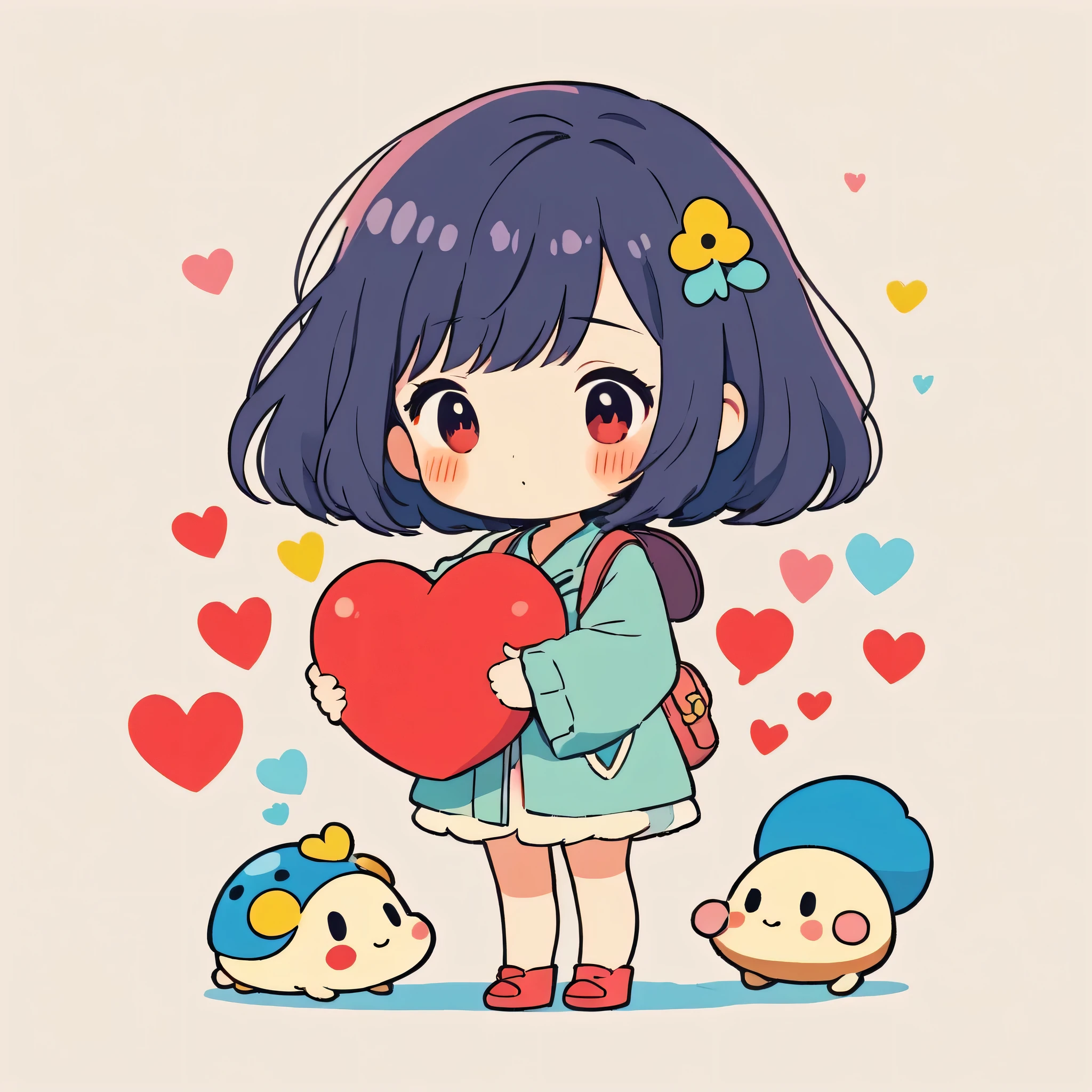 Hayao Miyazaki colorful style, Simple Line Initialism，Abstract art，Kawaii Design, The most beautiful girl of all time、chibi, hug, (((Cute pillbugs))), colorful hearts, summer version