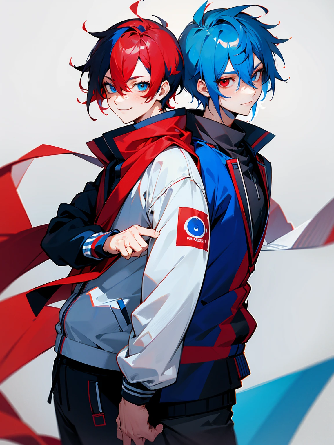 1male, adult, red and blue hair, two toned hair, red and blue varsity jacket, black sweatpants, red and blue scarf, heterochromia, red eye, blue eye, smile, lean build