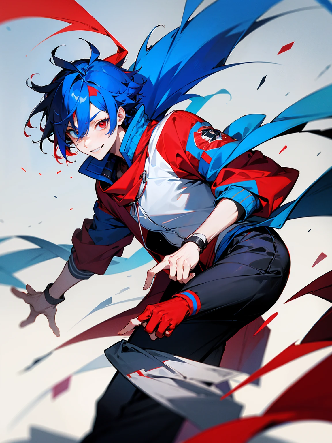 1male, adult, red and blue hair, two toned hair, red and blue varsity jacket, black sweatpants, red and blue scarf, heterochromia, red eye, blue eye, smile, lean build