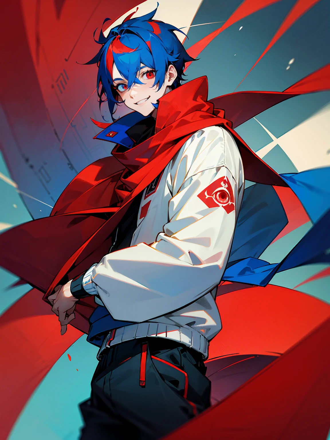 1male, adult, red and blue hair, two toned hair, red and blue varsity jacket, black sweatpants, red and blue scarf, heterochromia, red eye, blue eye, smile, lean build