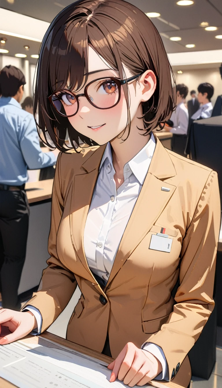 (30 years old:1.3),modern, Verism, masterpiece, textured skin, super detail, best quality, 4K, Woman wearing glasses,Dark brown short bob,Clothing of office workers,Company reception
