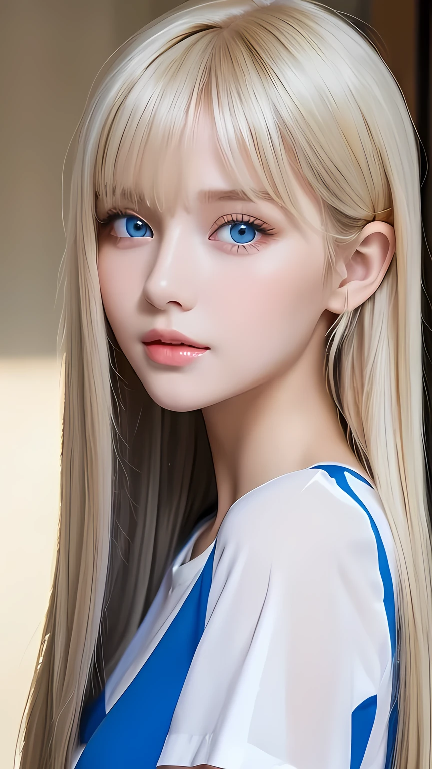 Unparalleled beauty, Glowing, firming and radiant skin, Bangs between the eyes, Glossy Straight Beautiful Platinum Blonde, Super long, straight, silky hair, Eyeliner, Sexy beautiful innocent 14 year old, High definition big beautiful bright blue eyes, Beautiful and lovely girl, Baby Face, Short sleeve shirt