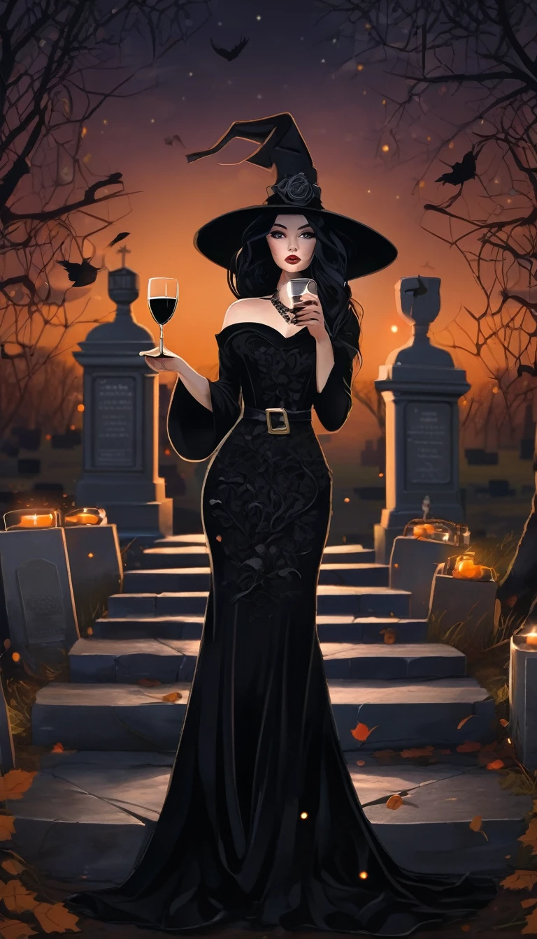 Woman with black hair, in a full black dress, with square details and hat, holding a glass of wine, in a cemetery at night next to a candle, witch style