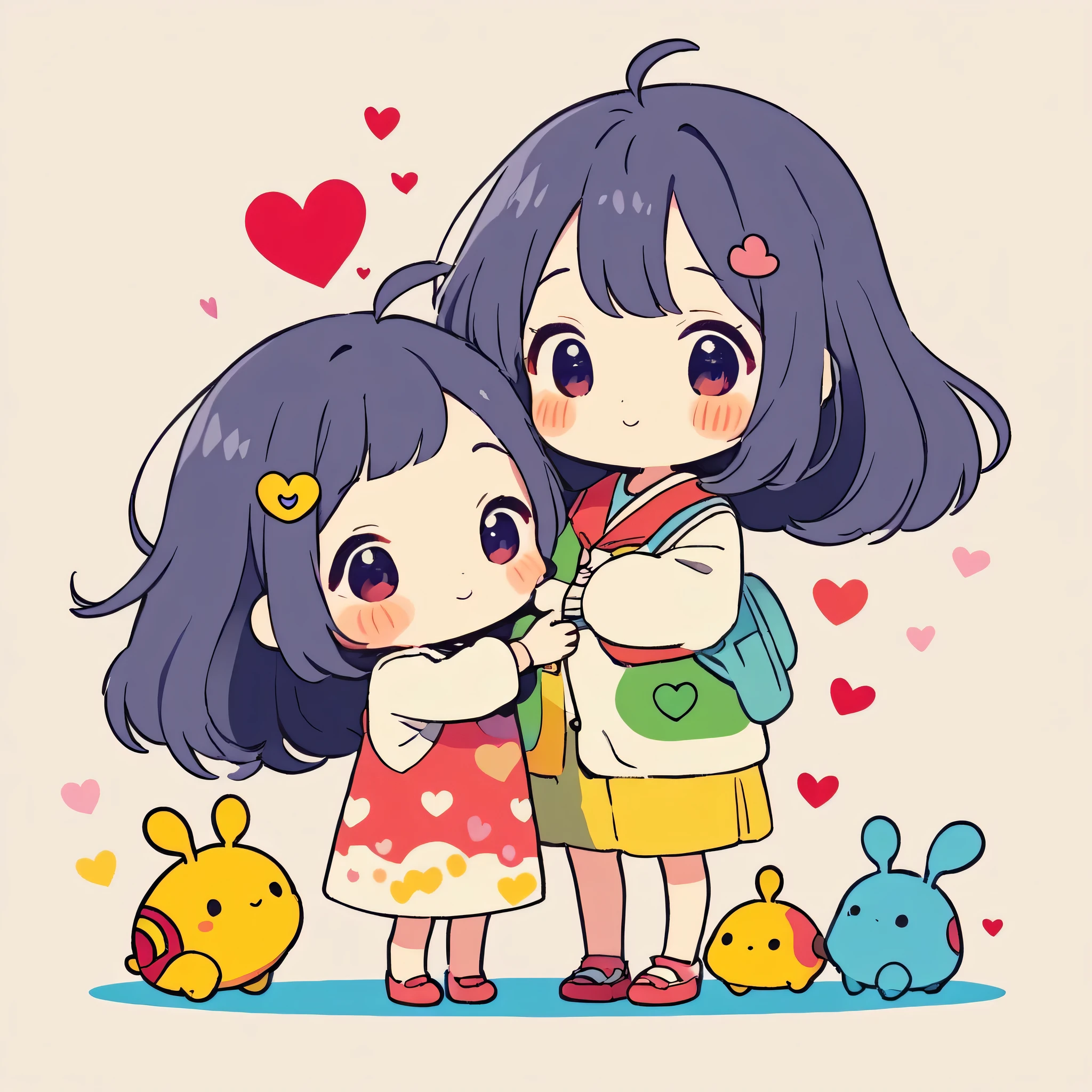 Hayao Miyazaki colorful style, Simple Line Initialism,Abstract art,Kawaii Design, The most beautiful girl of all time、chibi, hug, (((Cute pillbugs))), colorful hearts, summer version