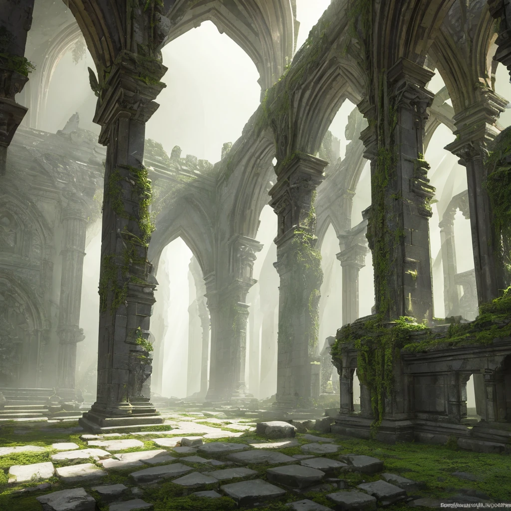 a fantasy abandoned temple ruins, medieval gothic architecture, overgrown nature, sunlight rays, intricate stone carvings, crumbling columns, moss covered walls, atmospheric fog, dramatic lighting, dramatic shadows, cinematic composition, highly detailed, photorealistic, 8k, HDR, film grain, muted color palette