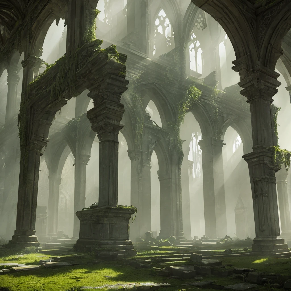 a fantasy abandoned temple ruins, medieval gothic architecture, overgrown nature, sunlight rays, intricate stone carvings, crumbling columns, moss covered walls, atmospheric fog, dramatic lighting, dramatic shadows, cinematic composition, highly detailed, photorealistic, 8k, HDR, film grain, muted color palette