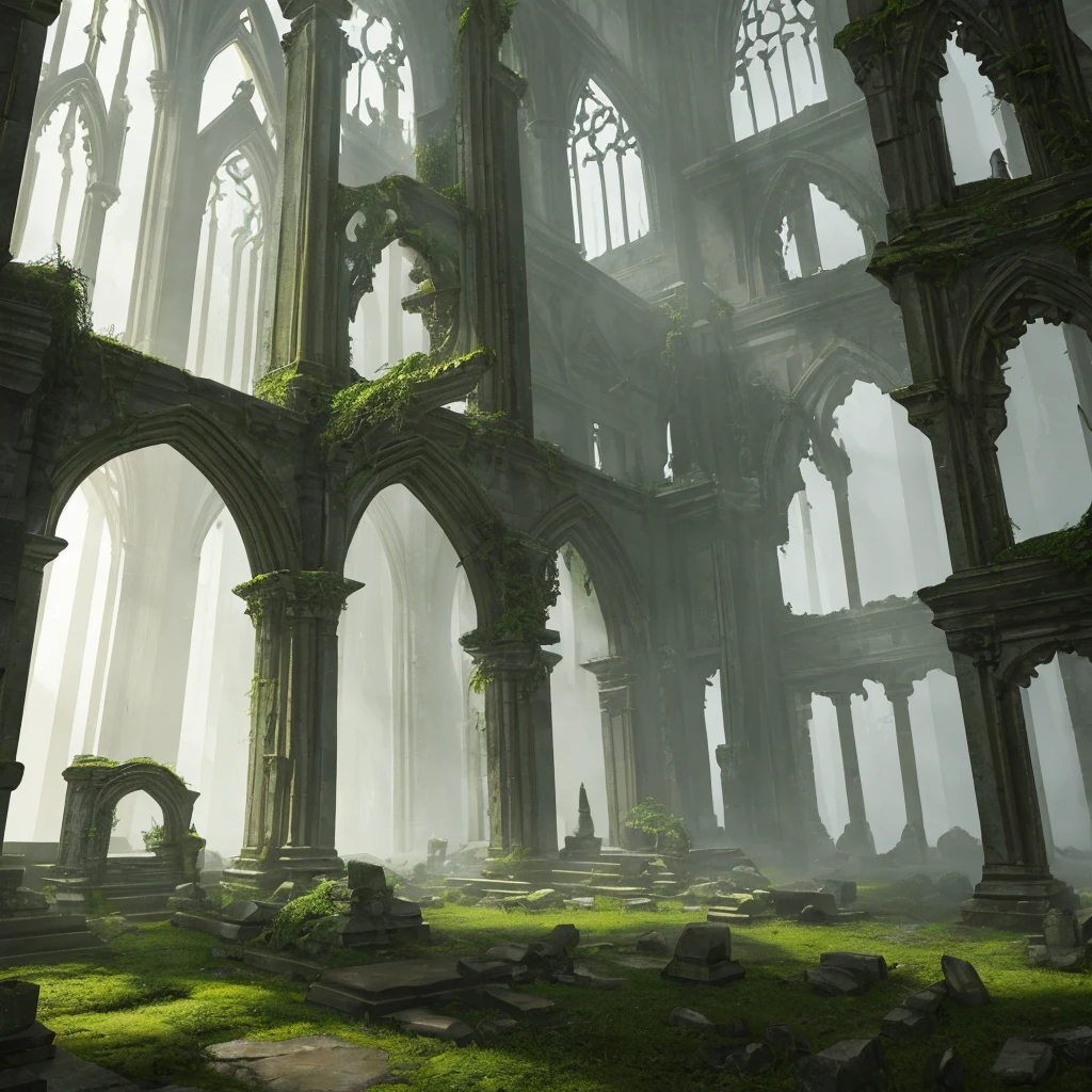 a fantasy abandoned temple ruins, medieval gothic architecture, overgrown nature, sunlight rays, intricate stone carvings, crumbling columns, moss covered walls, atmospheric fog, dramatic lighting, dramatic shadows, cinematic composition, highly detailed, photorealistic, 8k, HDR, film grain, muted color palette