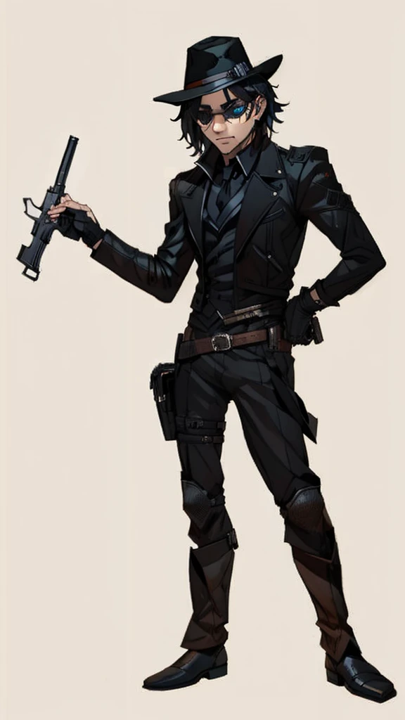 A man in black leather clothes, The eyes, black hat, holding a revolver with one hand, fully body